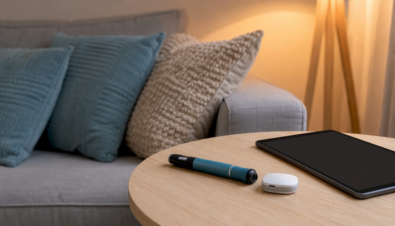 Smart insulin pen and glucose monitoring devices on table
