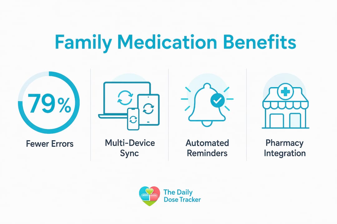 Infographic showing family medication app key benefits