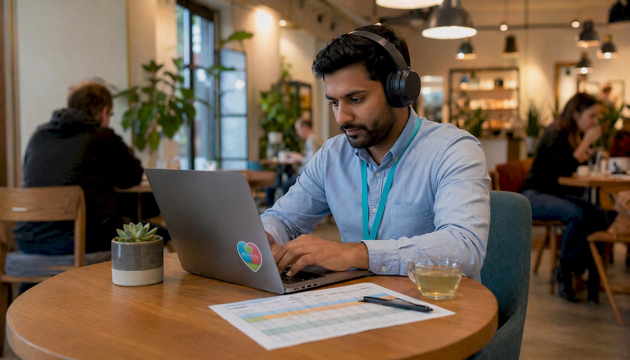 Carer updating medication app data on laptop