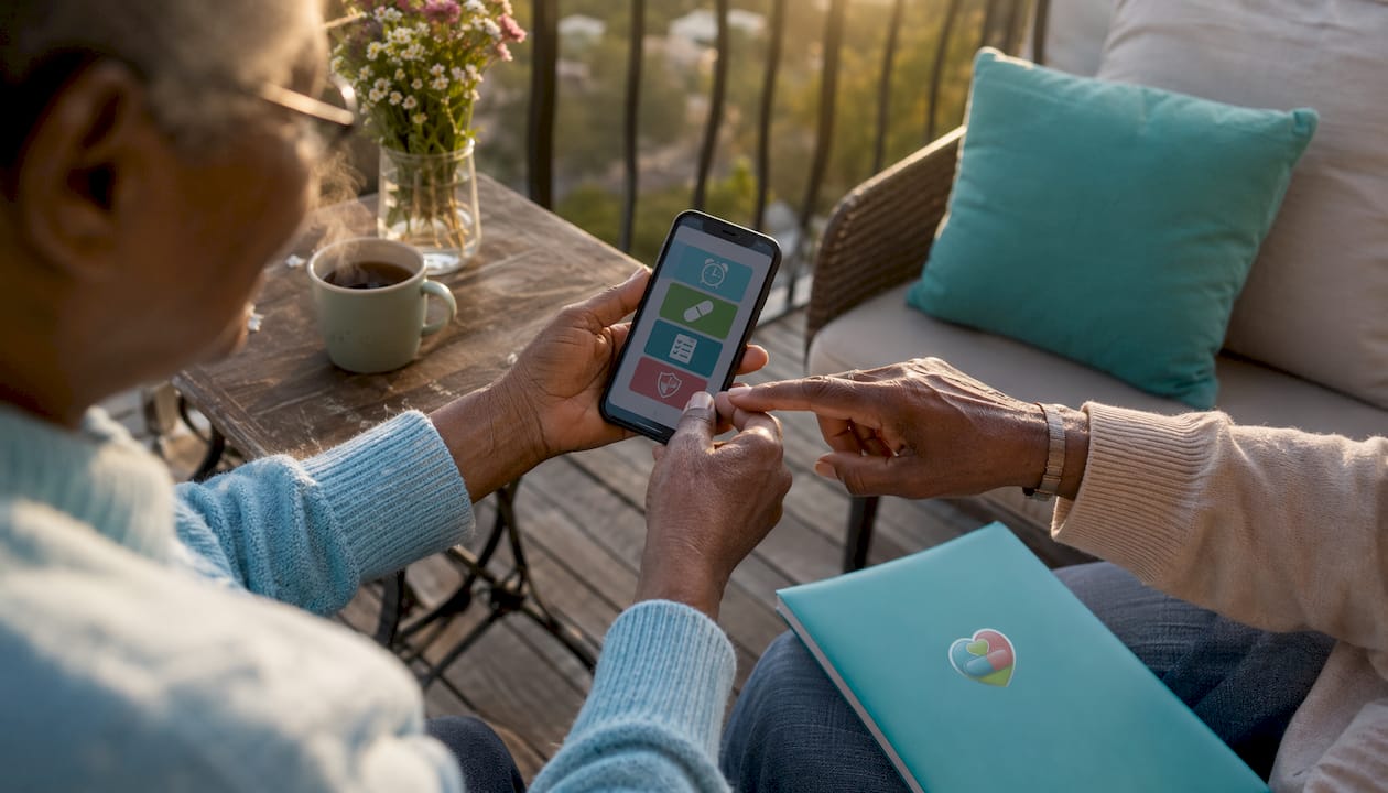 Senior’s hands using medication app outdoors