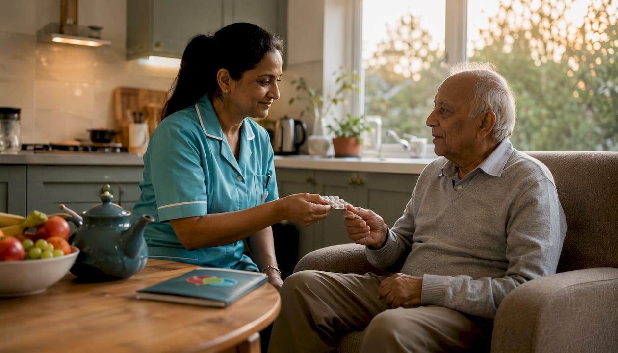 Caregiver giving medication to elderly man