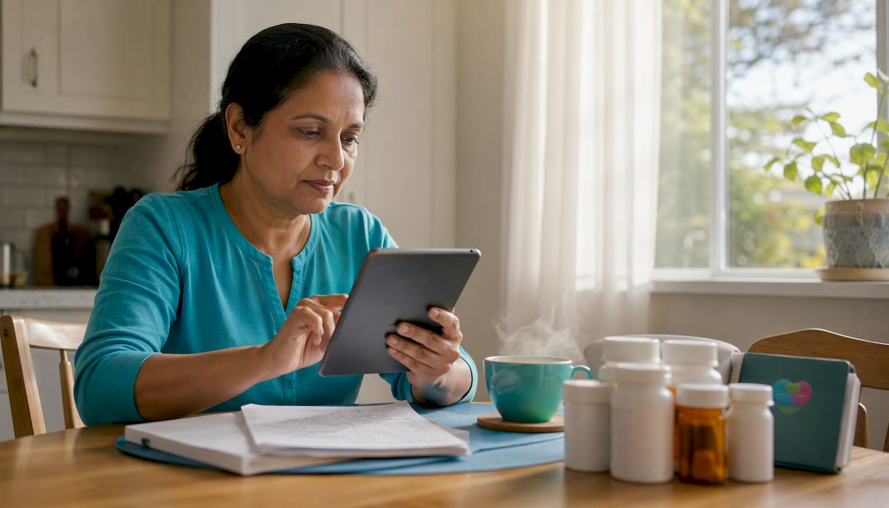 Family carer managing medication on tablet
