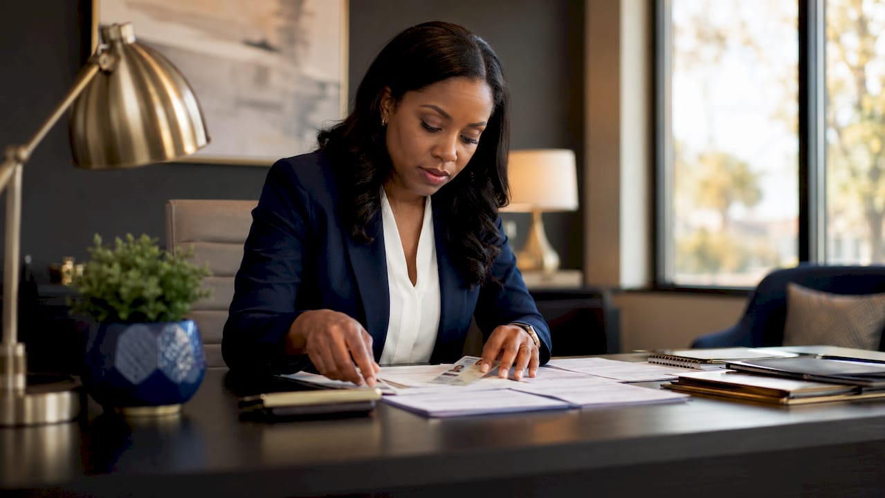 Notary notarizing a settlement statement with clients