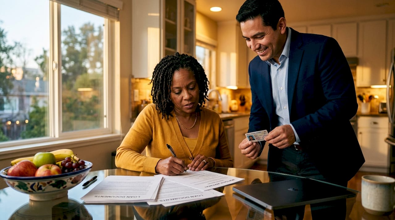 Woman signing mortgage documents with notary present
