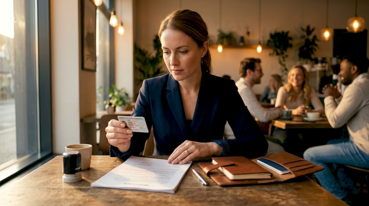 Notary holding ID next to mortgage document close-up
