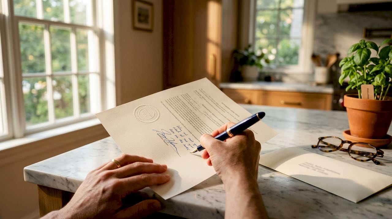 Close-up of notarized document with seal and signature