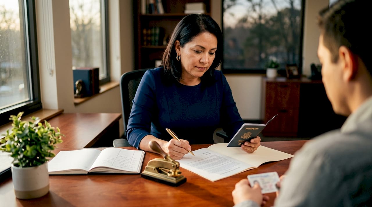 Notary verifying signer identity with contract