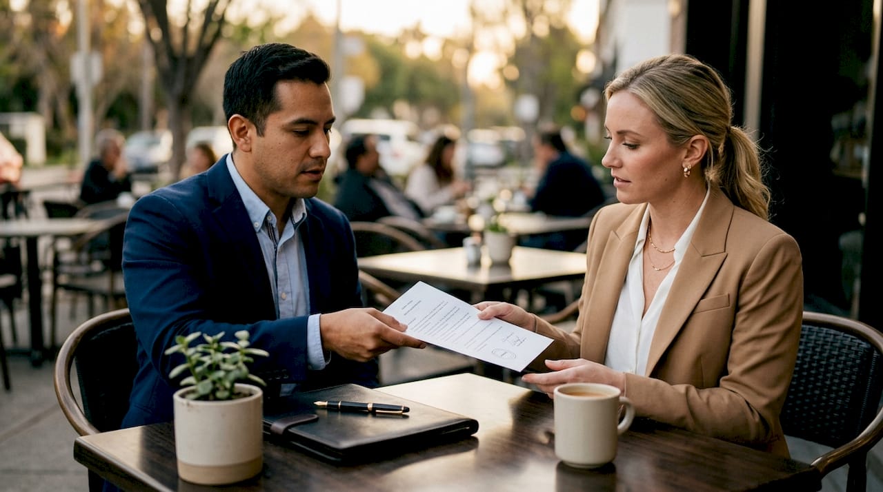 Hands exchanging notarized loan document over table