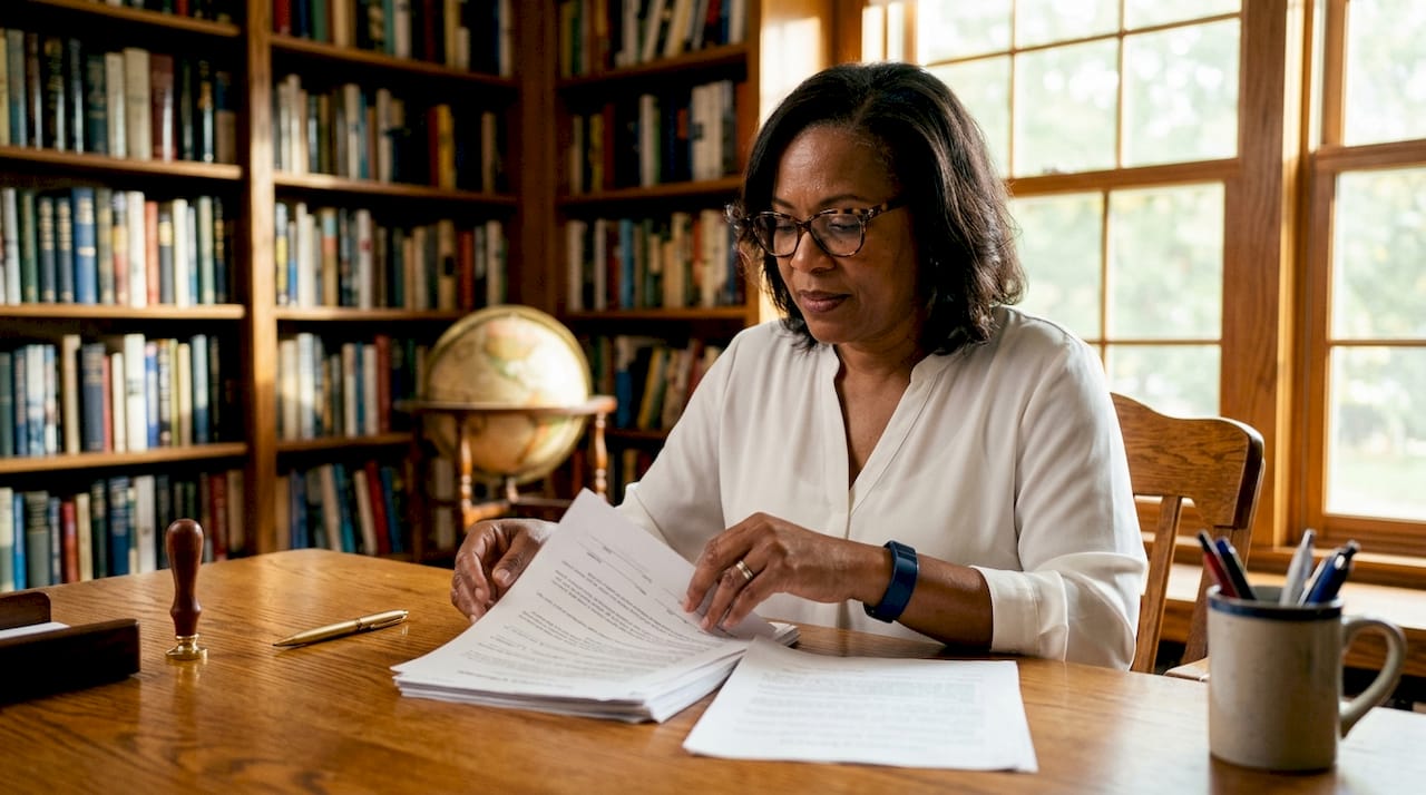 Notary public reviewing loan documents at desk