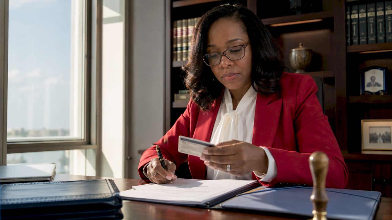 Notary public verifying merger documents