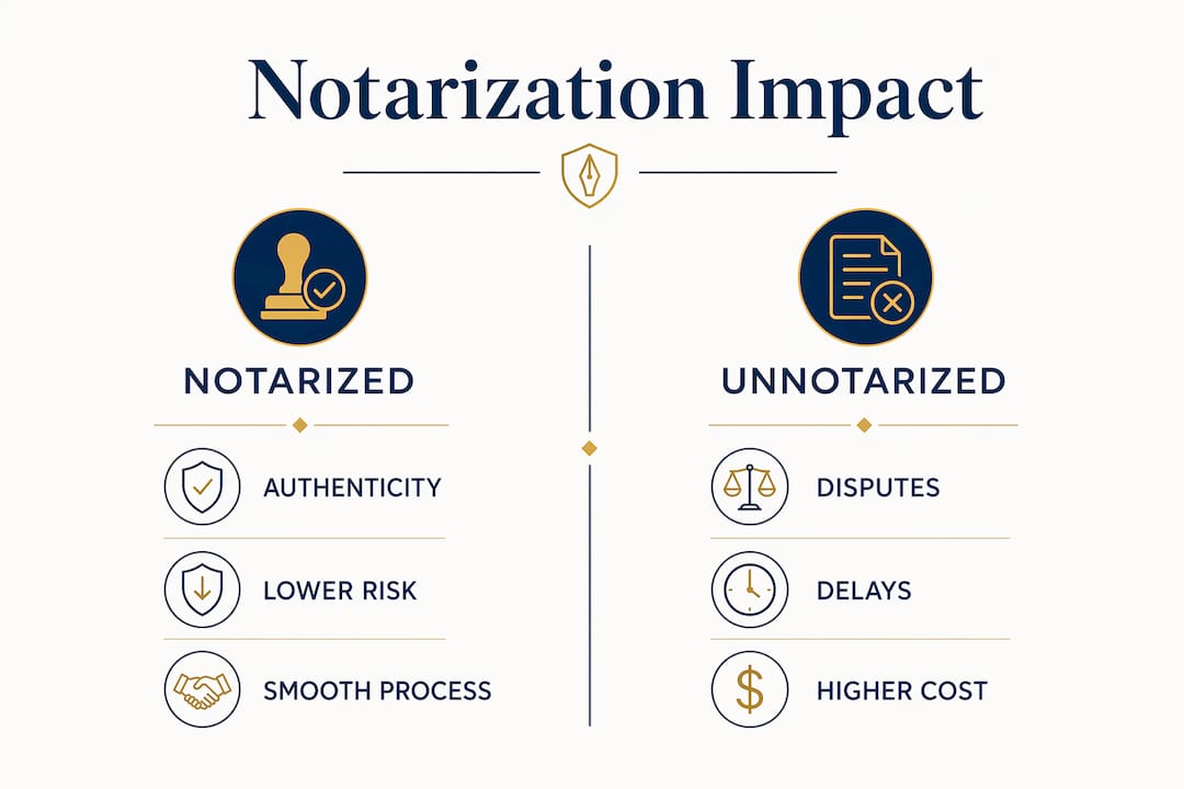Infographic contrasting notarized vs unnotarized merger document risks