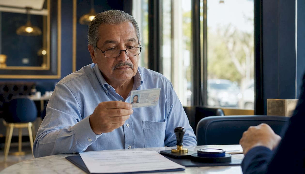 Signer verifying identity with photo ID