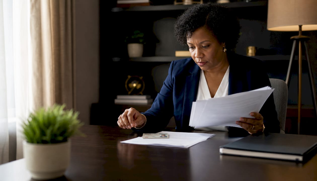 Professional reviewing notarization documents at desk