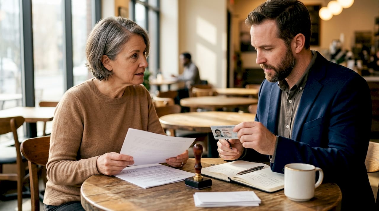 Signer and notary at appointment verifying identity