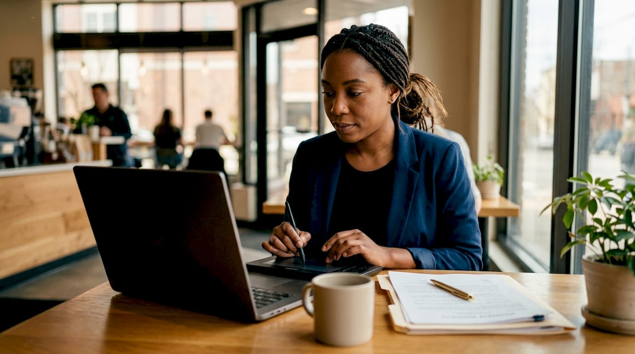 Woman completing remote real estate notarization session