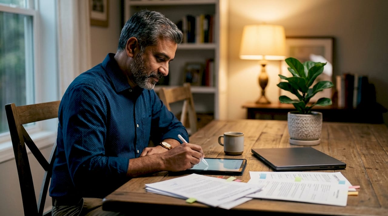 Man signing digital documents during remote notarization