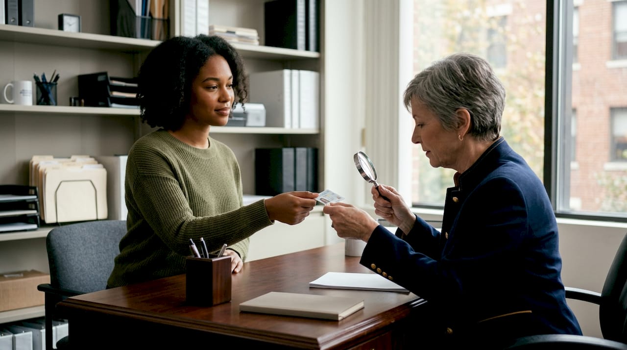 Close-up ID inspection by notary hands