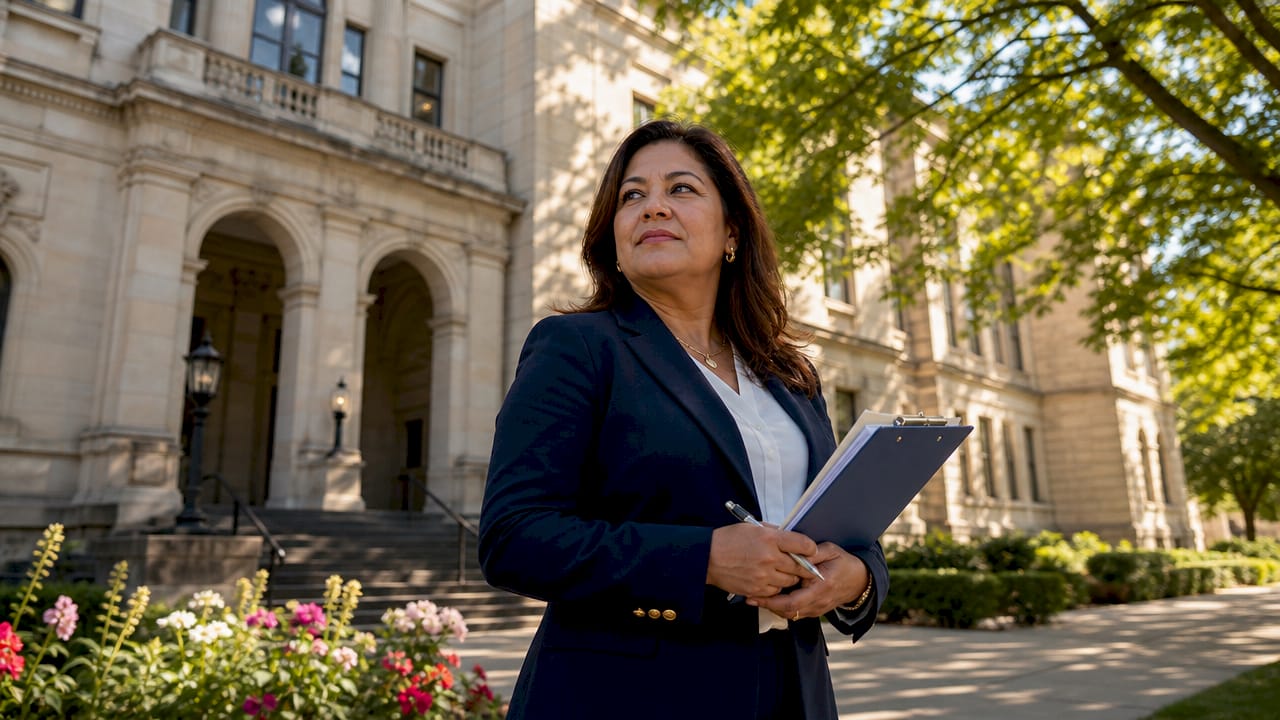 Legal clerk by courthouse with deed papers