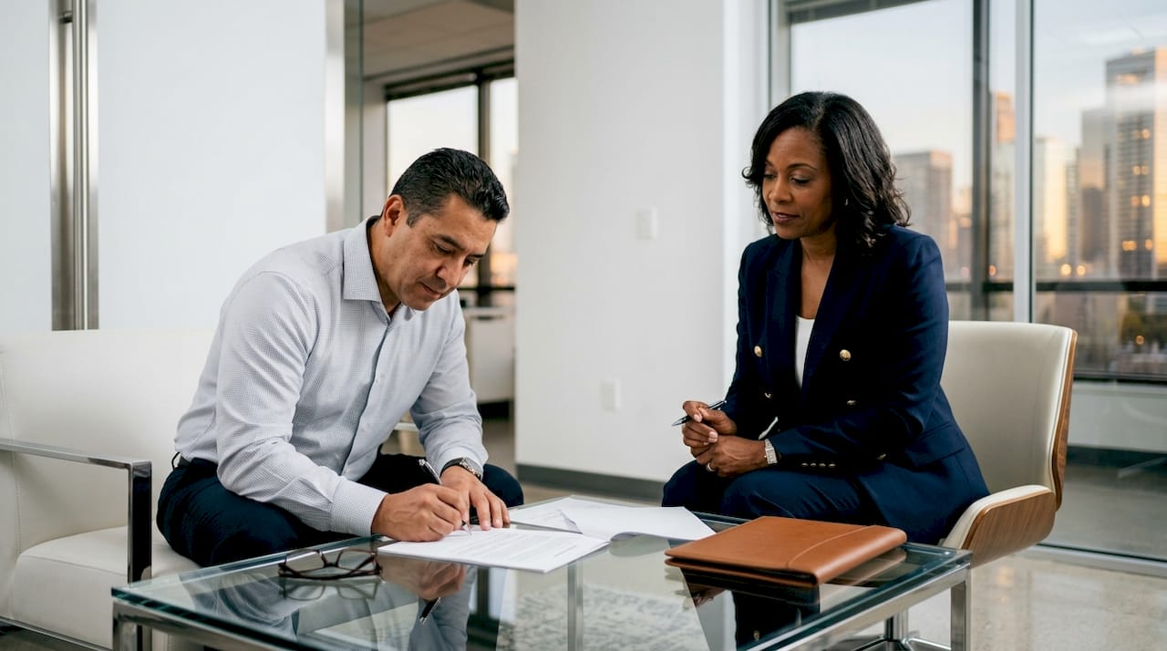 Witness observing deed signing in legal office