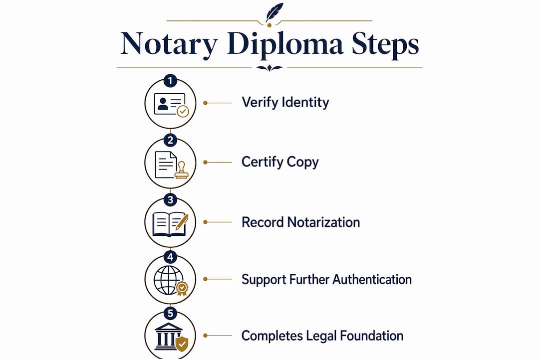 Infographic illustrating steps of notarization in diploma verification
