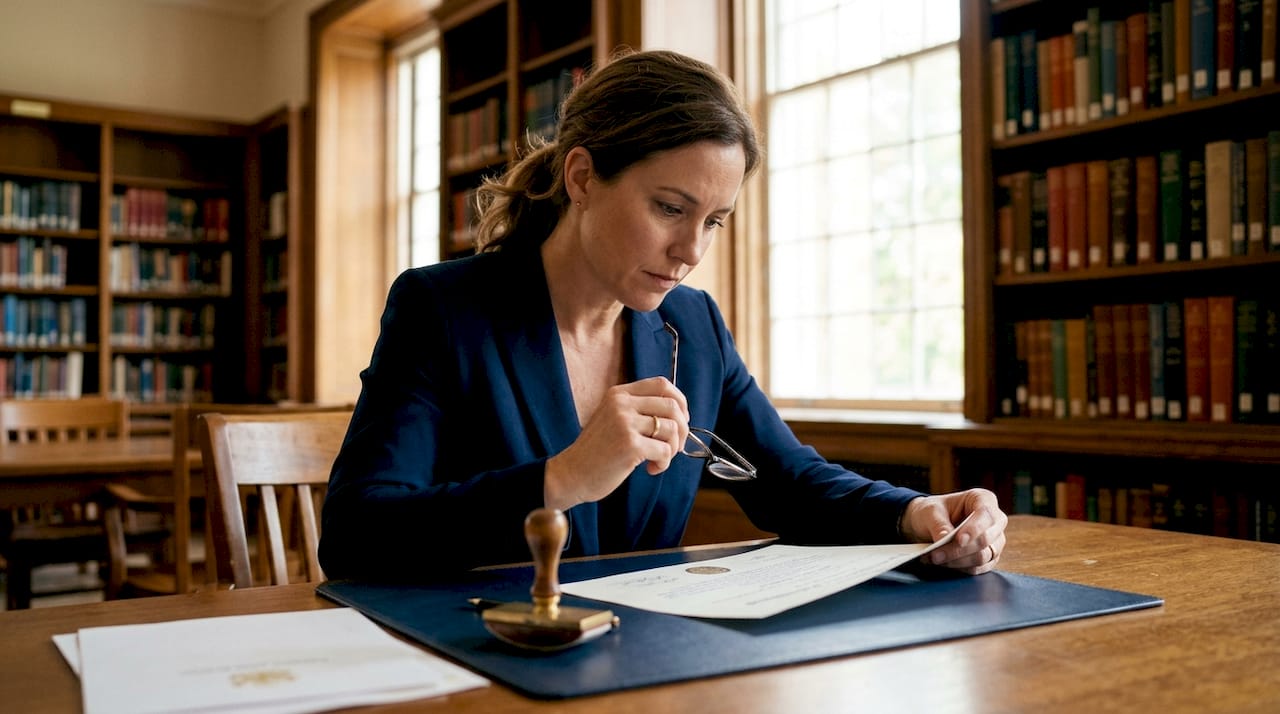 Notary reviewing diploma document at office desk