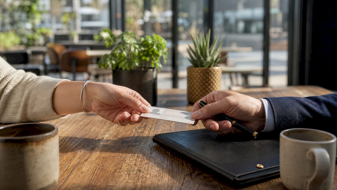 Close-up of hands exchanging ID for notarization verification