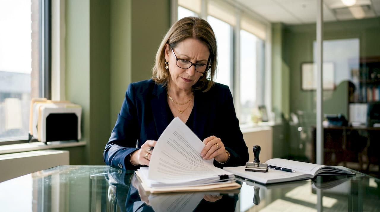 Notary reviewing property closing papers at desk