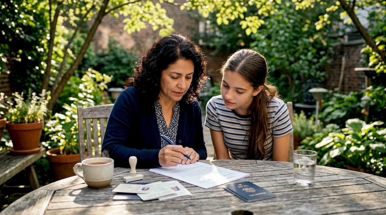 Mother and daughter signing passport forms