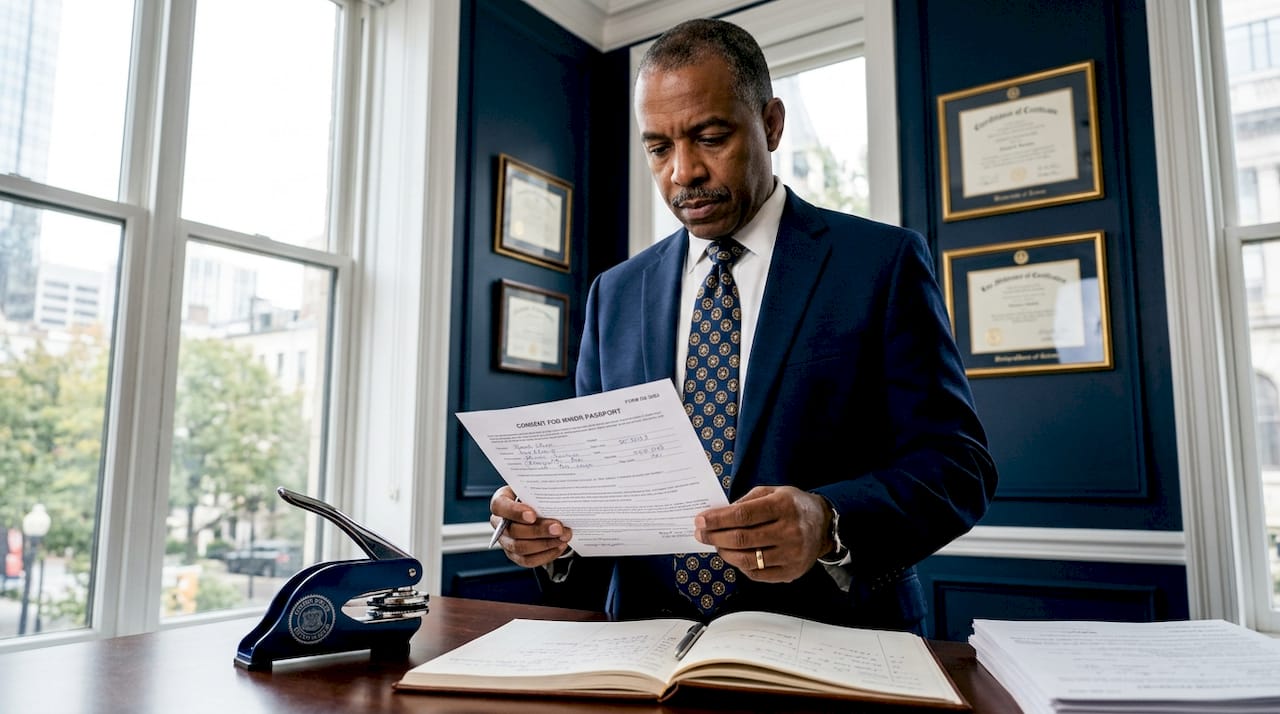 Notary verifying passport documents at desk