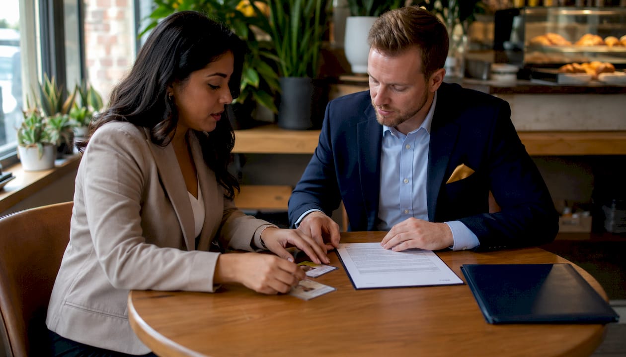 Hands organizing documents and identification for notarization