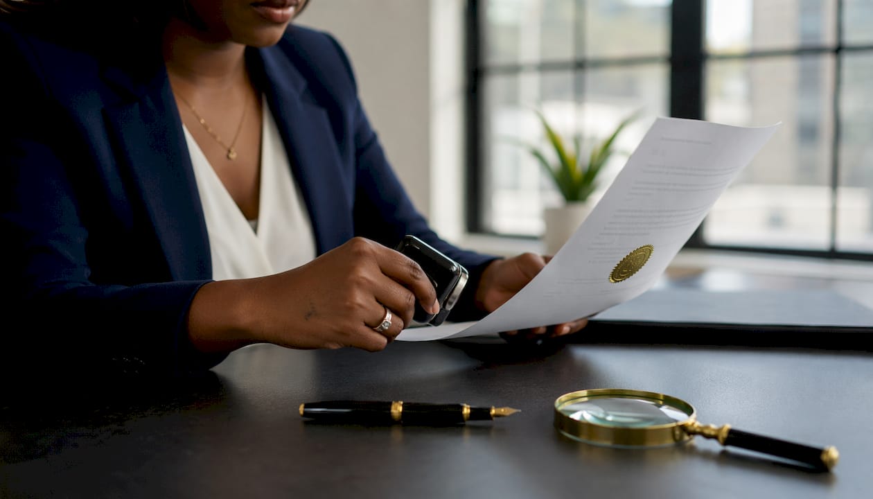 Notary hands stamping real estate document on table
