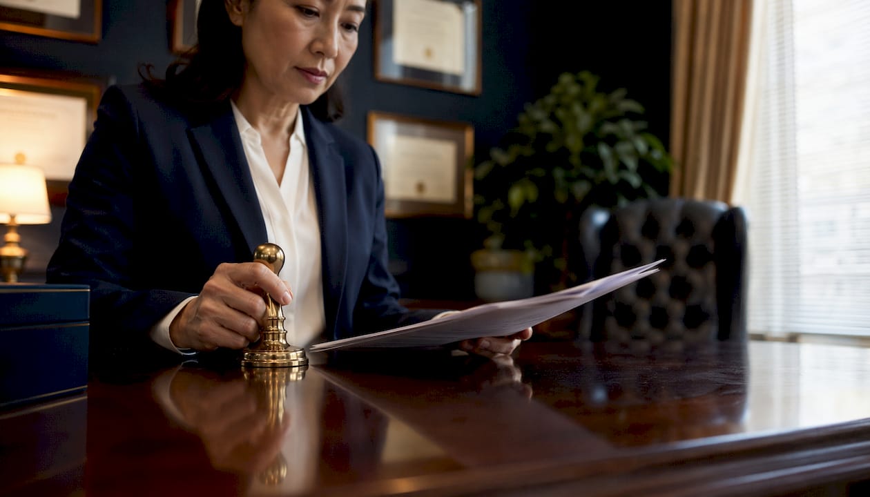Businesswoman preparing corporate seal embossing