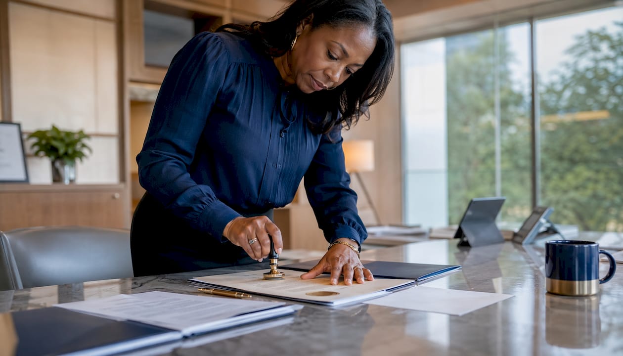 Secretary applying corporate seal to document