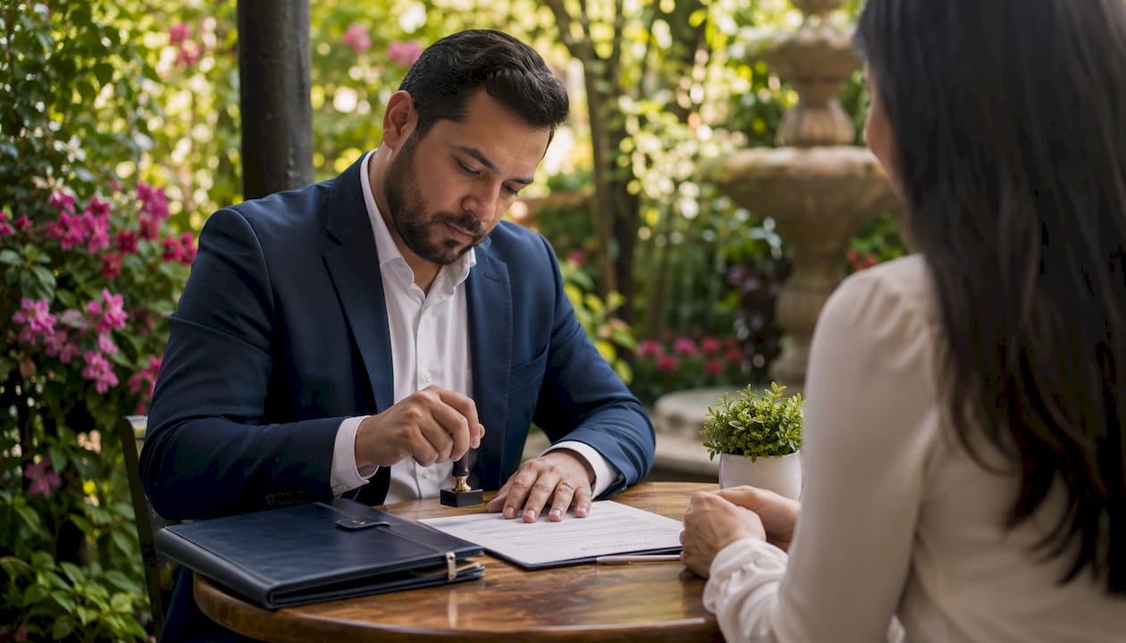 Notary stamping corporate document in office