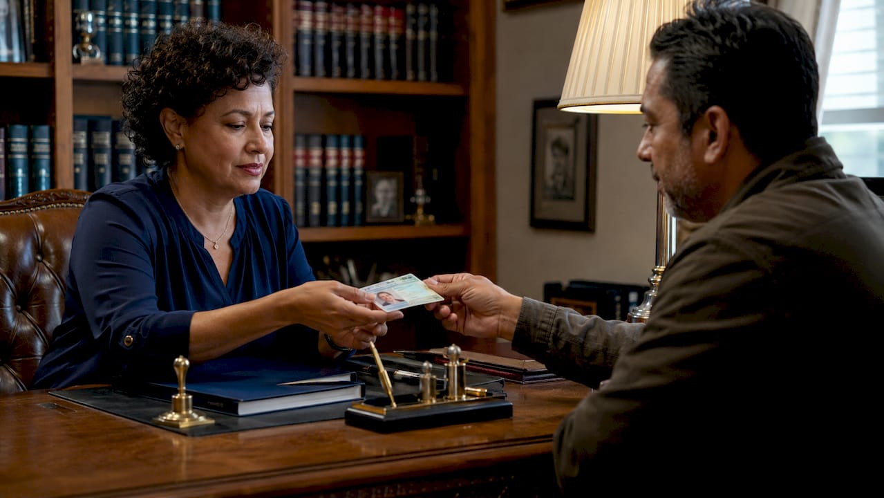 Notary verifying client identification documents