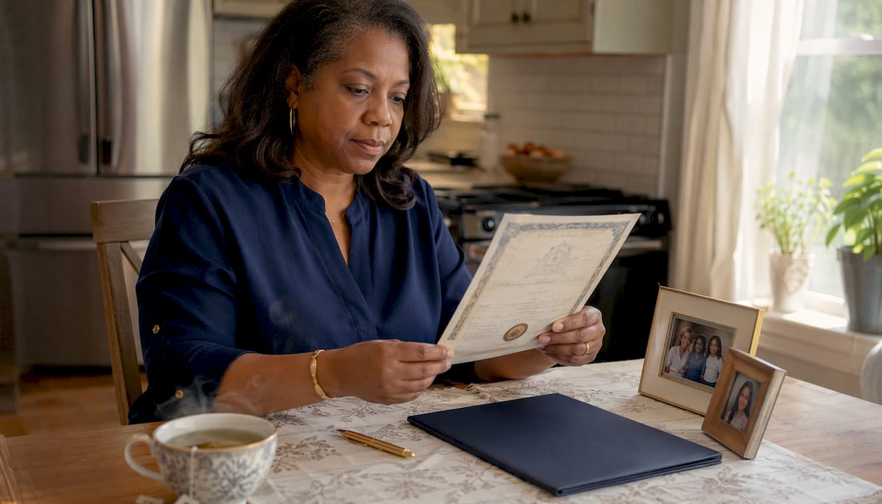 Woman reviewing apostille documents at home desk