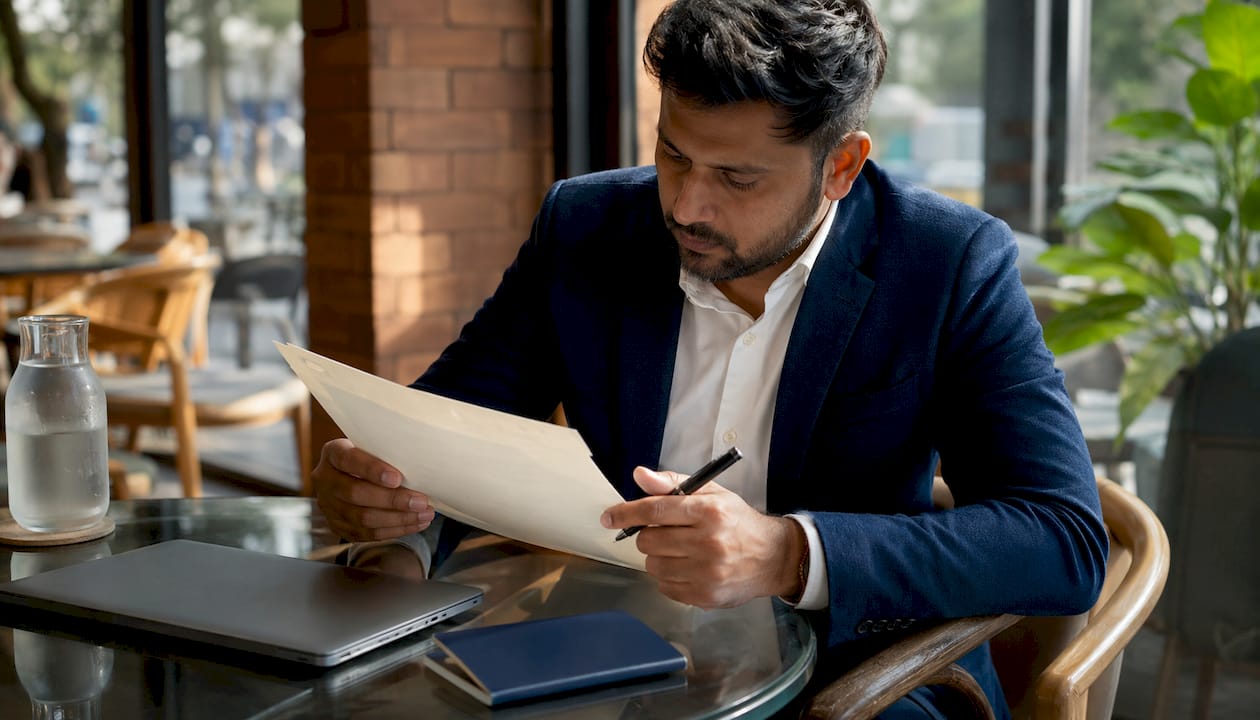 Man reading embassy legalization instructions at desk