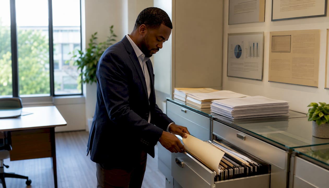 Clerk filing notarized deed at records office