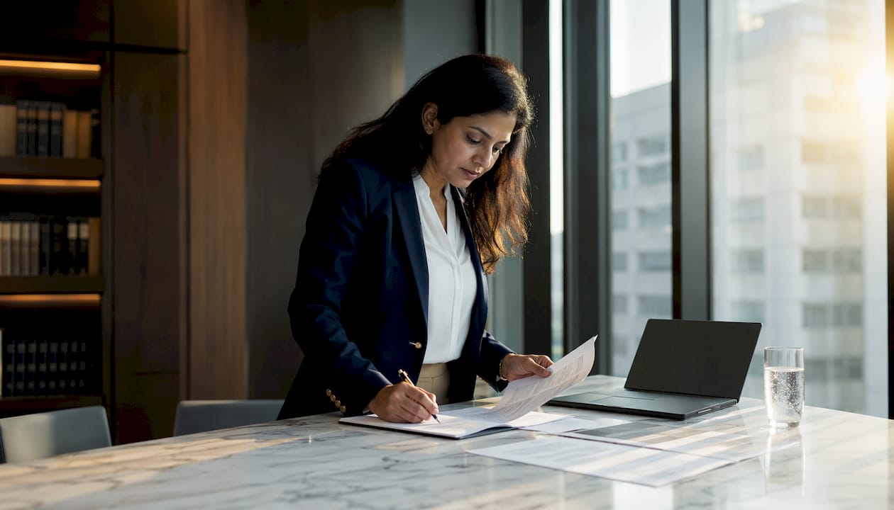 Woman reviewing corporate apostille documents at desk