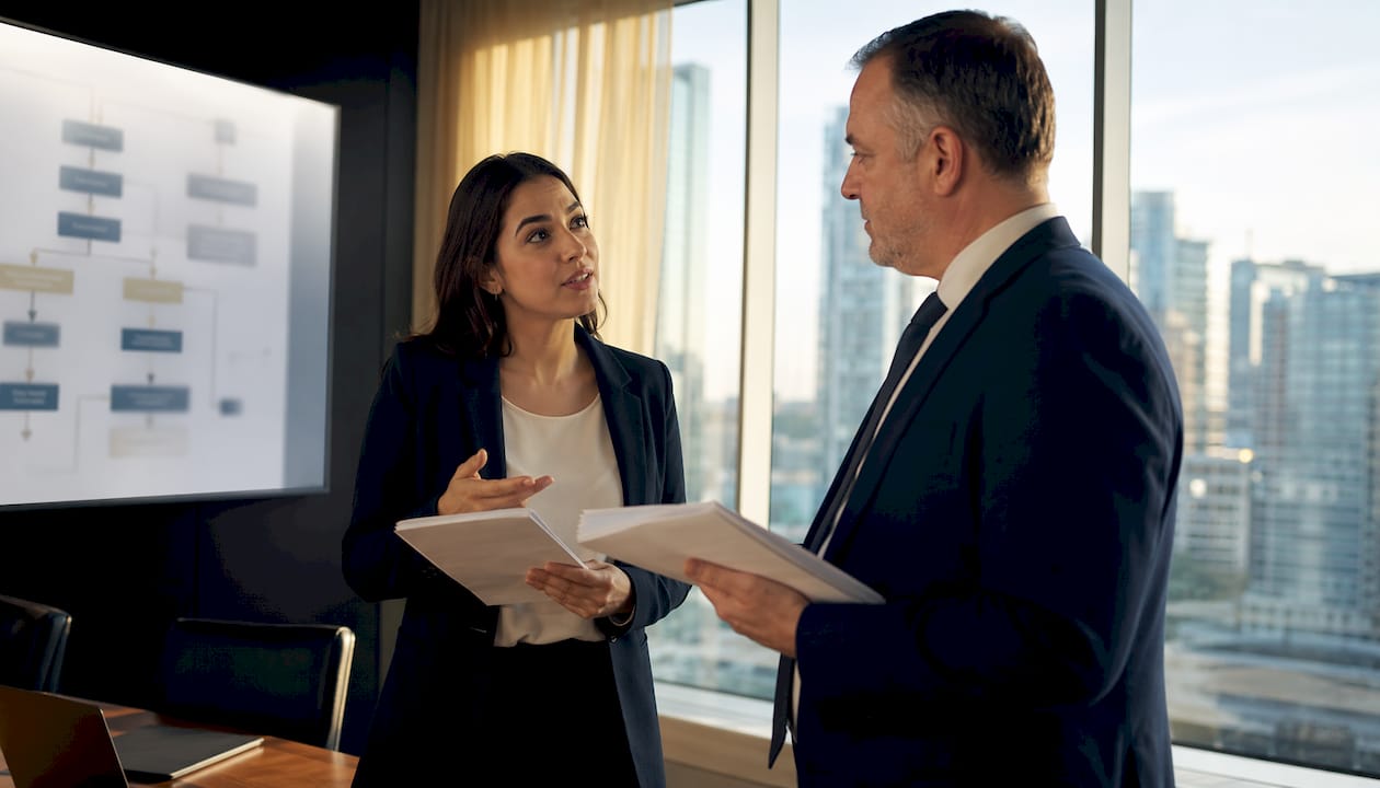 Colleagues discussing corporate apostille workflow in office
