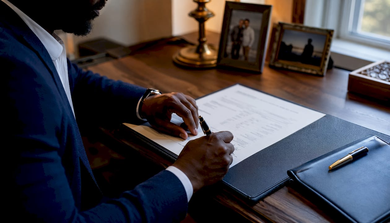 Hands signing commercial invoice on letterhead