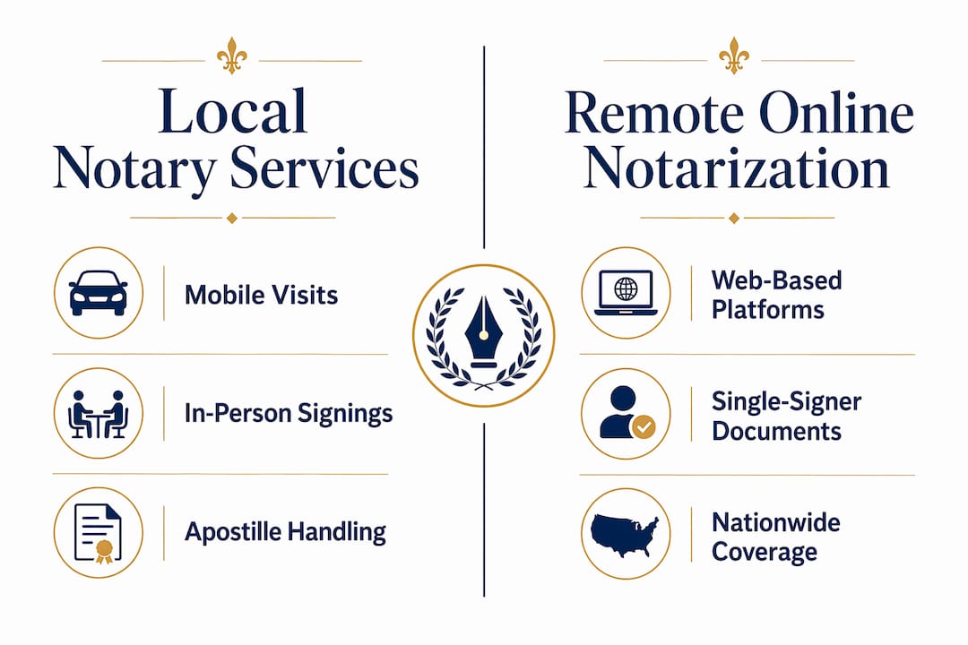Infographic comparing local and remote notarization services
