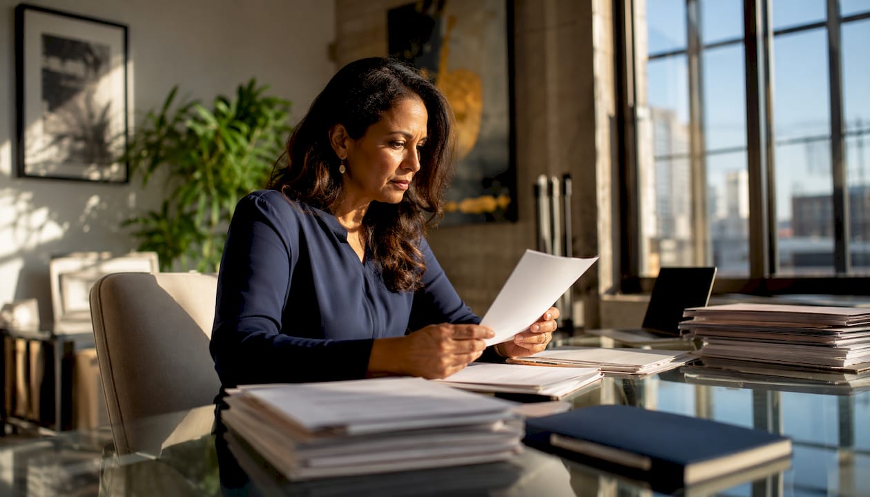 Agent reviewing affidavit document in home office