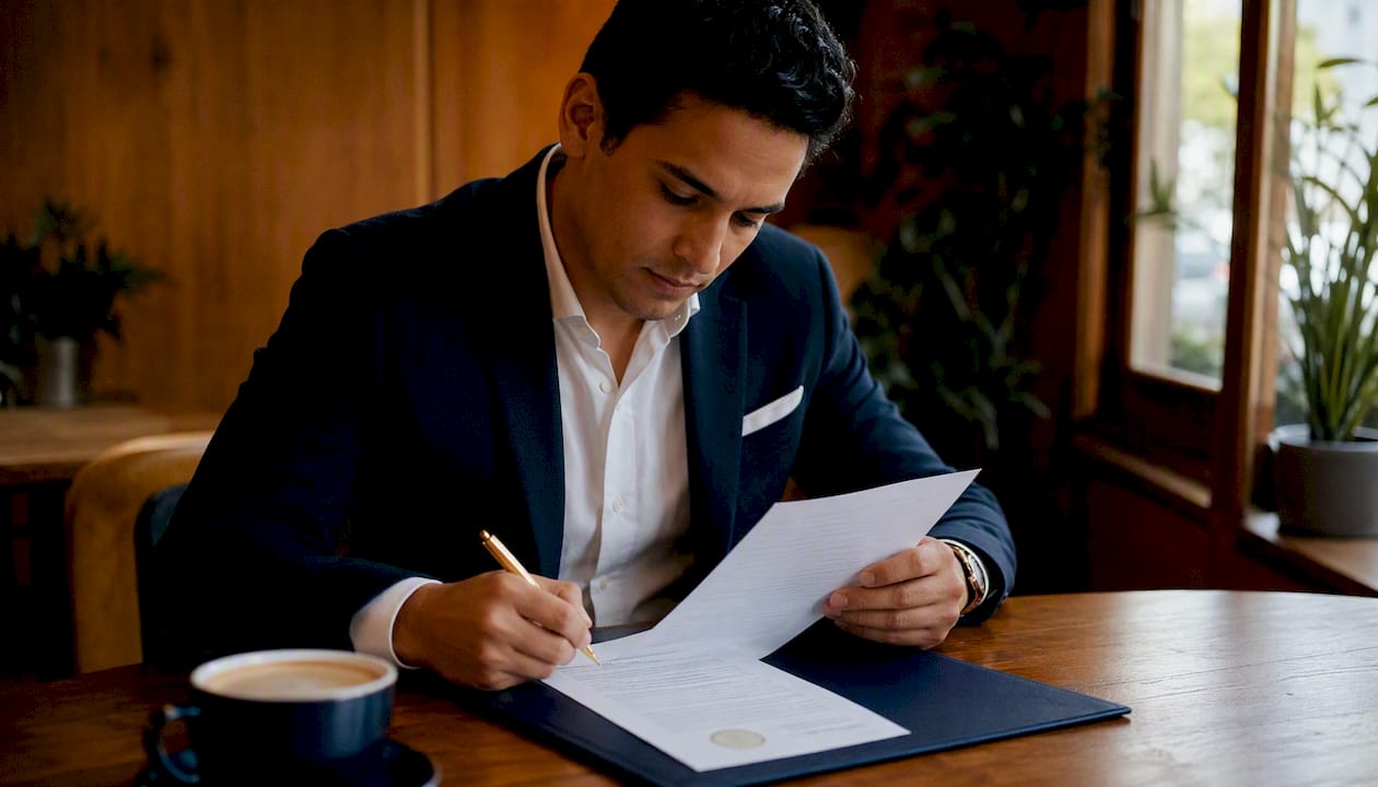 Man signing notarized sworn affidavit at home