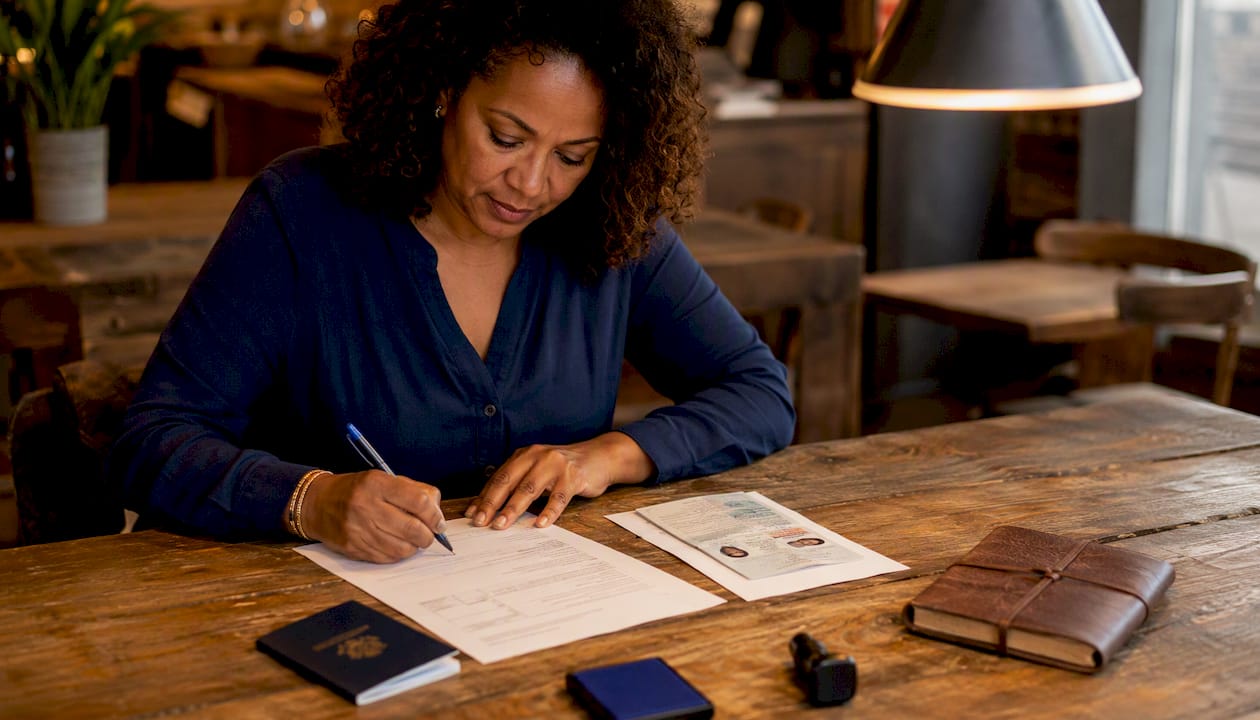 Woman filling out notarization form with passport