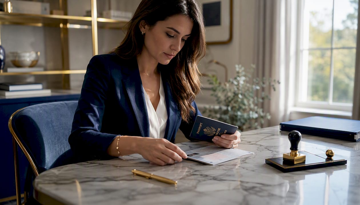 Notary hands comparing passport original and copy