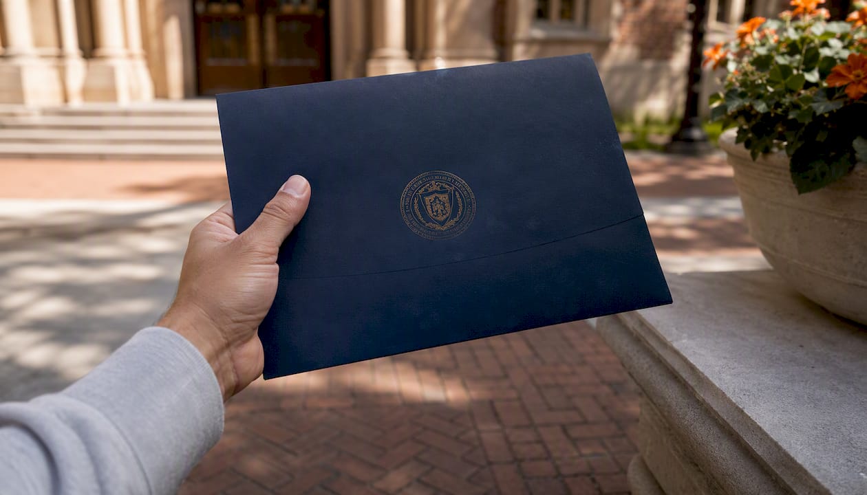 Hand presenting sealed academic transcript folder