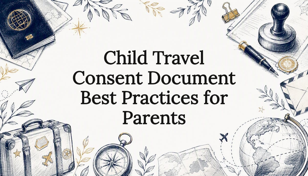 Decorative title card illustration for child travel consent article