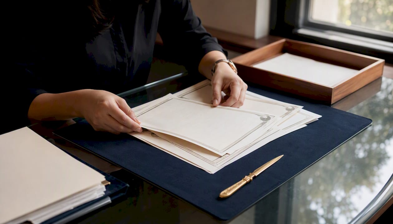 Hands organizing certified document copies