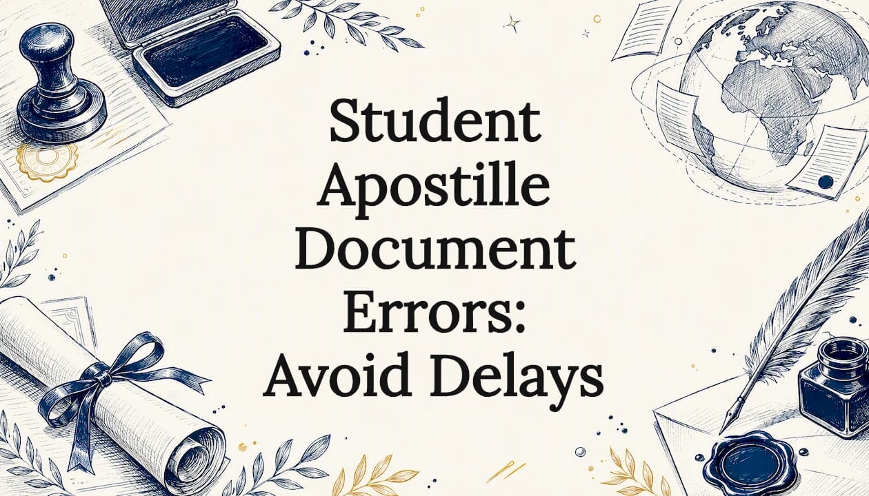 Decorative title card with notary and document sketches